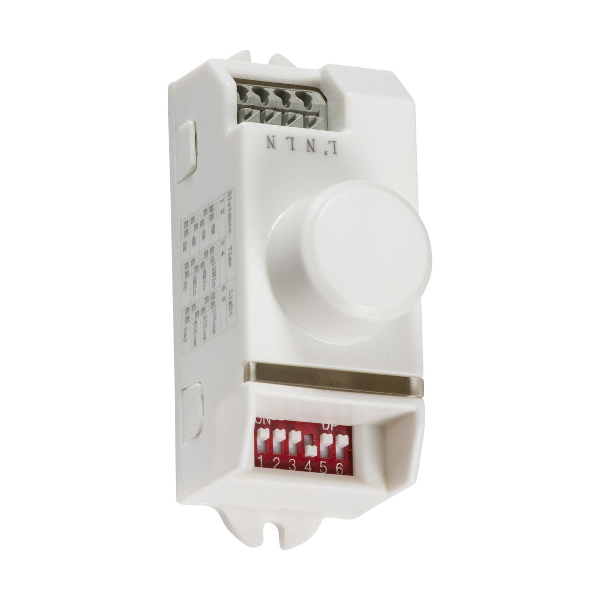 Introducing the 5.8GHz Microwave Sensor Module: a white electronic device equipped with a circular dial and labeled connections for wiring, designed to detect microwaves. It includes switches numbered 1 to 6, marked with L, N, N, making it ideal for electronic or electrical use and supporting LED applications up to 250W.