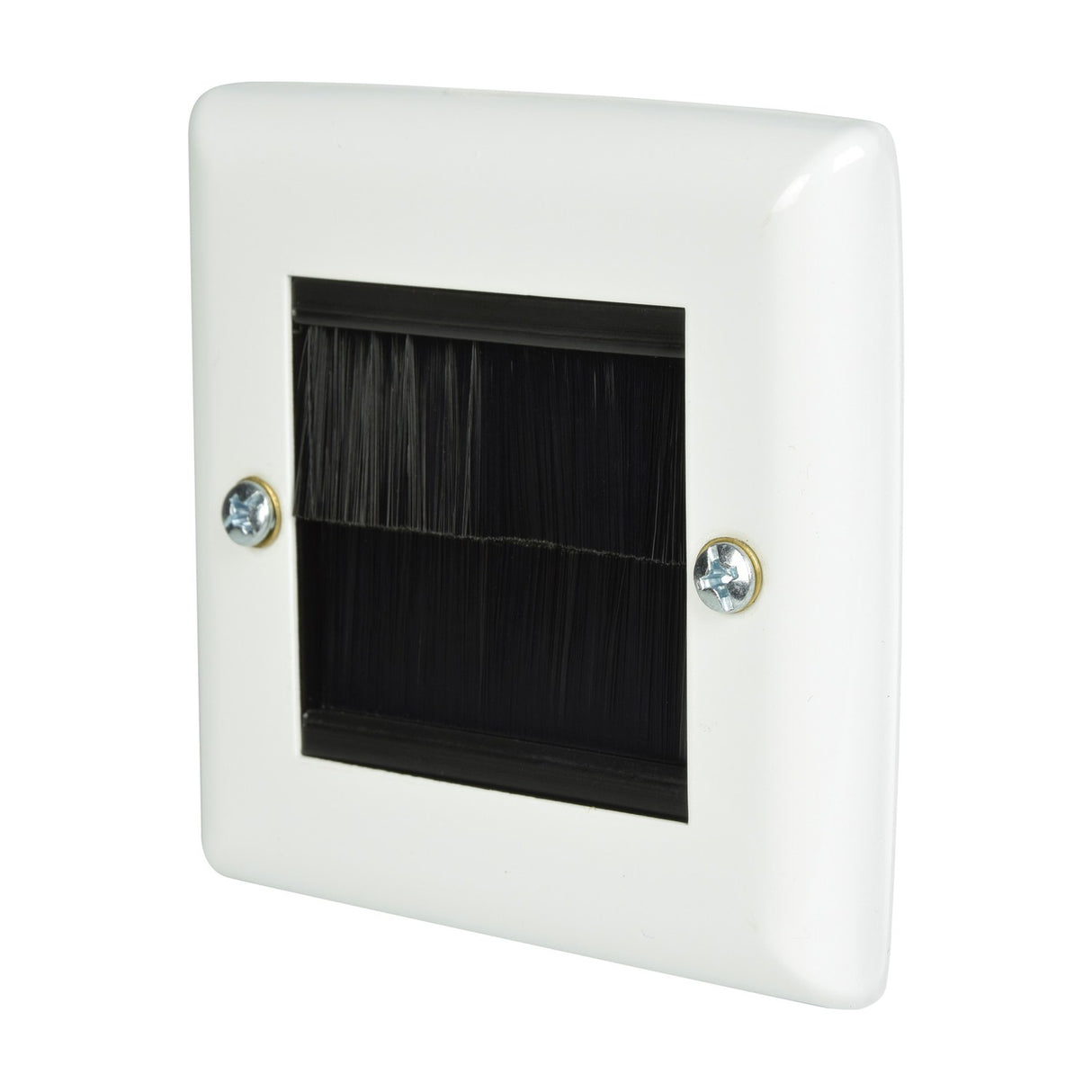 AV:Link single gang steel brush wallplate in white with twin black bristle aperture and two visible fixing screws, shown against a plain white background.
