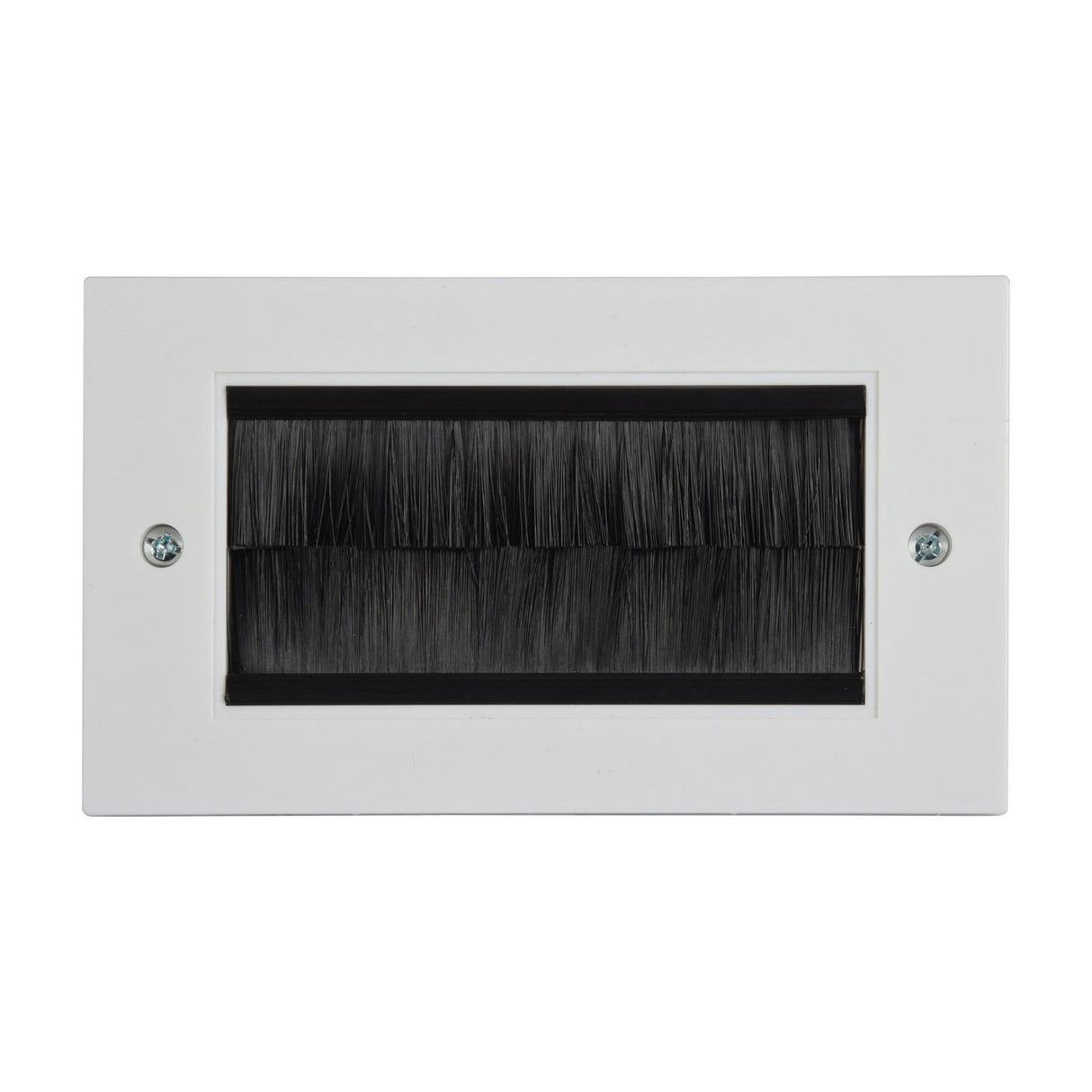 AV:Link double gang plastic brush wallplate in white with black bristle-filled cable aperture and two fixing screws, on a plain background.