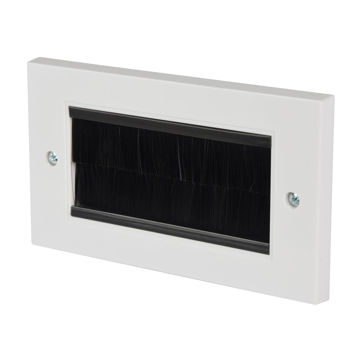 AV:Link double gang plastic brush wallplate in white with central black brush-filled aperture and two silver fixing screws, shown against a plain background.