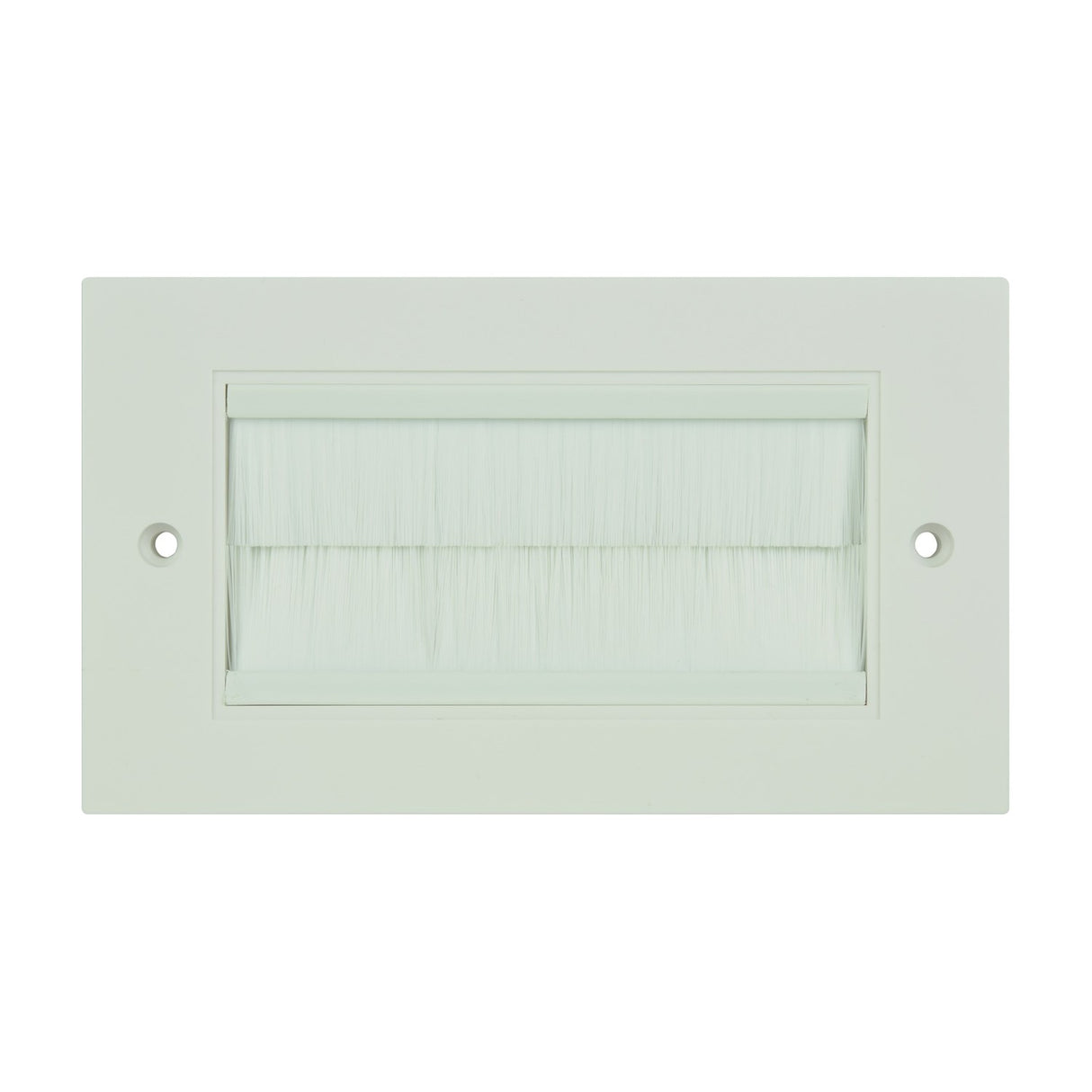 AV:Link double gang wallplate with white brush inserts for cable routing, rectangular white frame with screw holes, shown on a plain background.