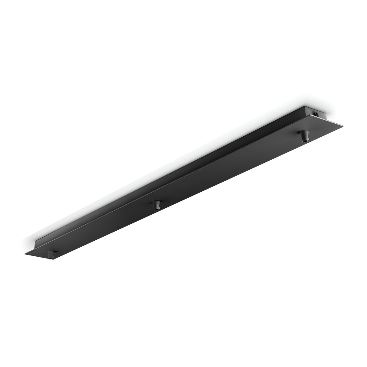 The Glacia Base Canopy 3 Light Rectangle - Black is a long, rectangular black metal ceiling light fixture with a minimalist design. Its smooth surface is showcased from a slightly angled perspective, accentuating its sleek and contemporary appearance—truly capturing the essence of modern lighting.