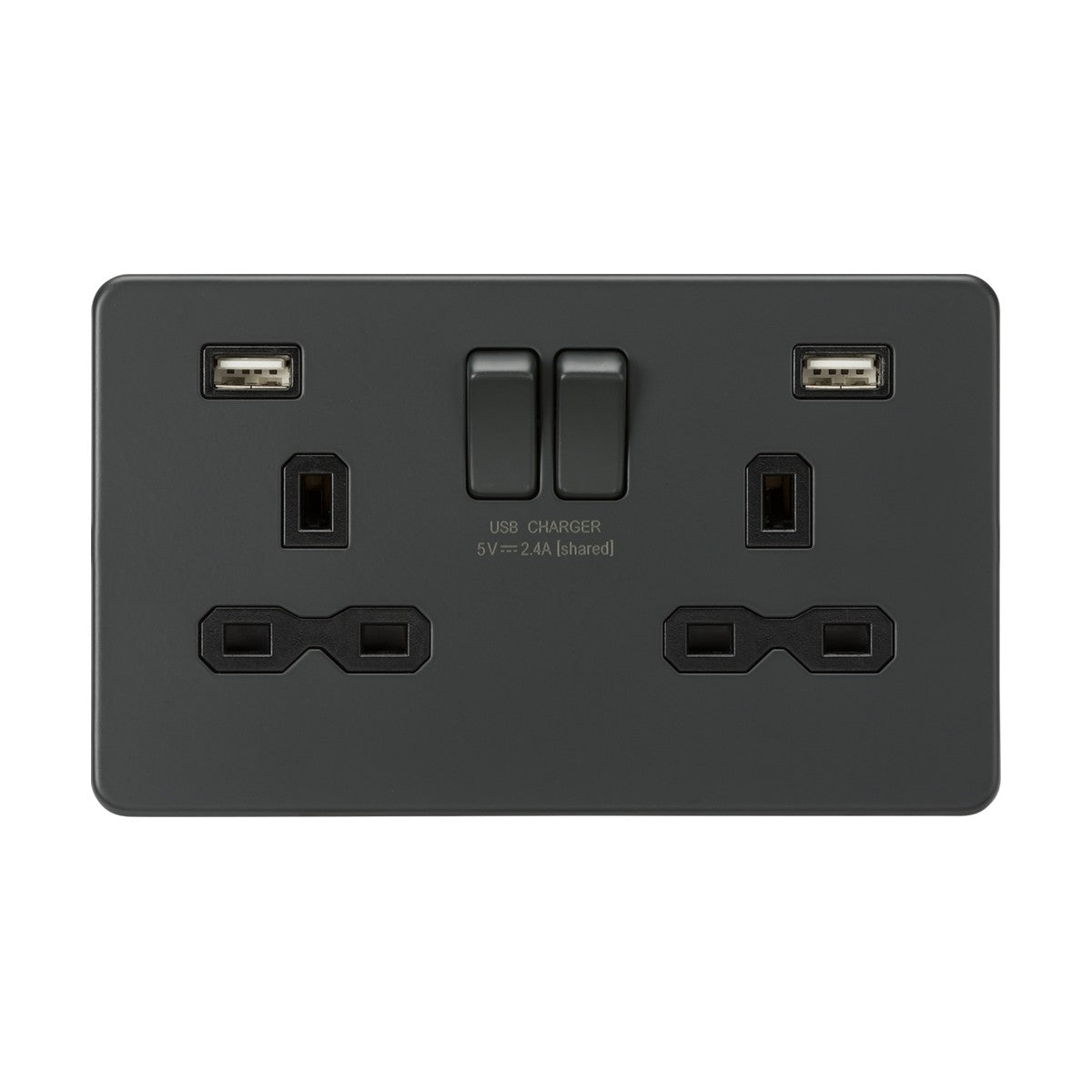 Introducing the 13A 2 Gang SP Switched Socket with Dual USB in Anthracite, featuring a sleek screwless design. This dark-colored socket includes dual USB charger ports at the top and two plug sockets below, all optimized for 5V USB charging. The layout is completed by two central switches with shared output labels.