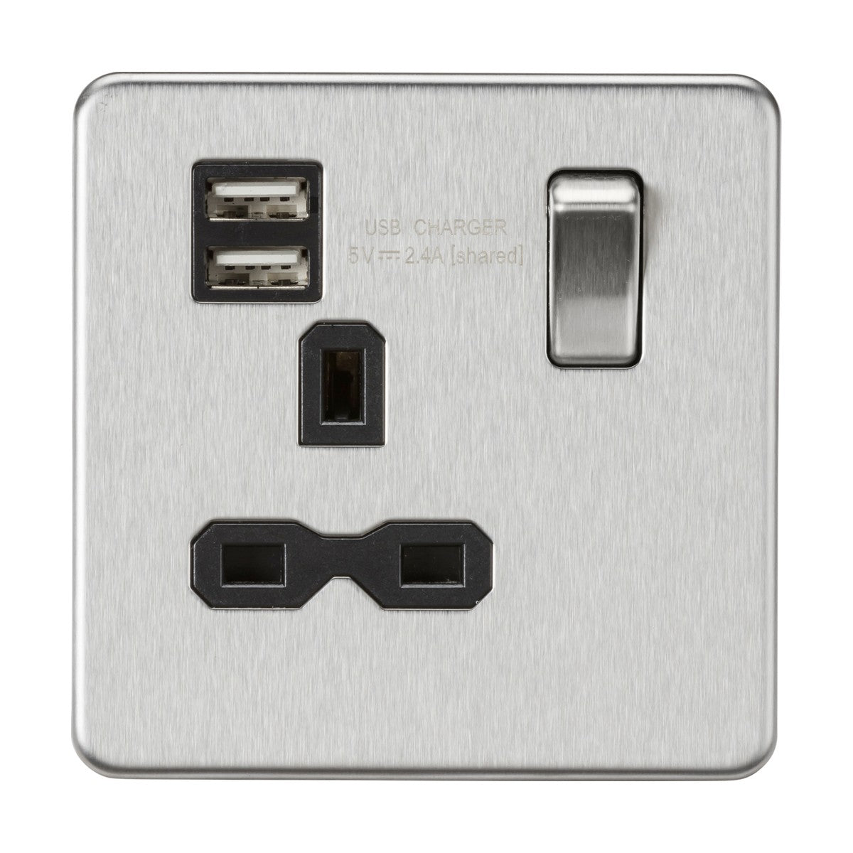 A brushed chrome power outlet with a screwless low profile design, featuring a single SP switched socket and dual USB ports for charging, complemented by a black insert.