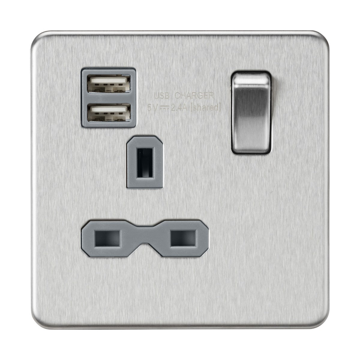 13A 1G SP Switched Socket with Dual USB A+A (5V DC 2.4A shared) - Brushed Chrome with Grey Insert