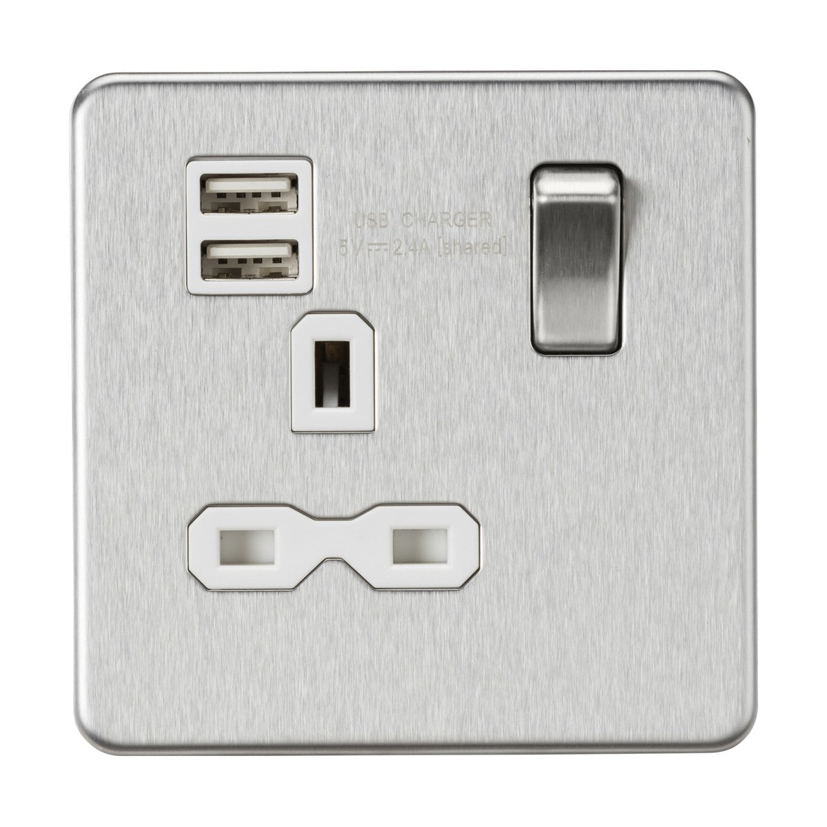 The 13A 1 Gang SP Switched Socket With Dual USB in a brushed chrome finish and white insert features a UK-style plug socket, dual USB charger ports, and a switch. Its screwless low profile design adds a sleek touch while the USB charger outputs 5V/2.4A.
