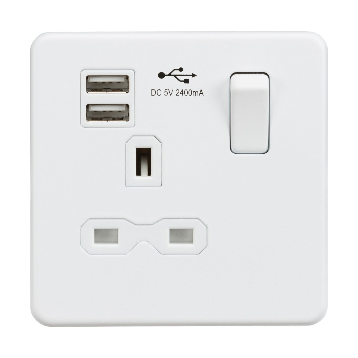 This 13A 1 Gang SP switched socket, featuring a matt white finish and a screwless design, includes two USB ports on the top left and a UK-style socket below. A switch is conveniently positioned on the right side. Above the dual USB charger ports, the inscription "DC 5V 2400mA" with a USB symbol is clearly displayed.