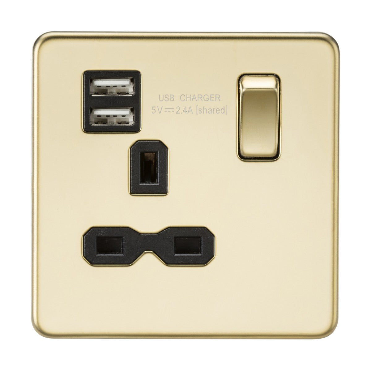 13A 1G SP Switched Socket with Dual USB A+A (5V DC 2.4A shared) - Polished Brass with Black Insert