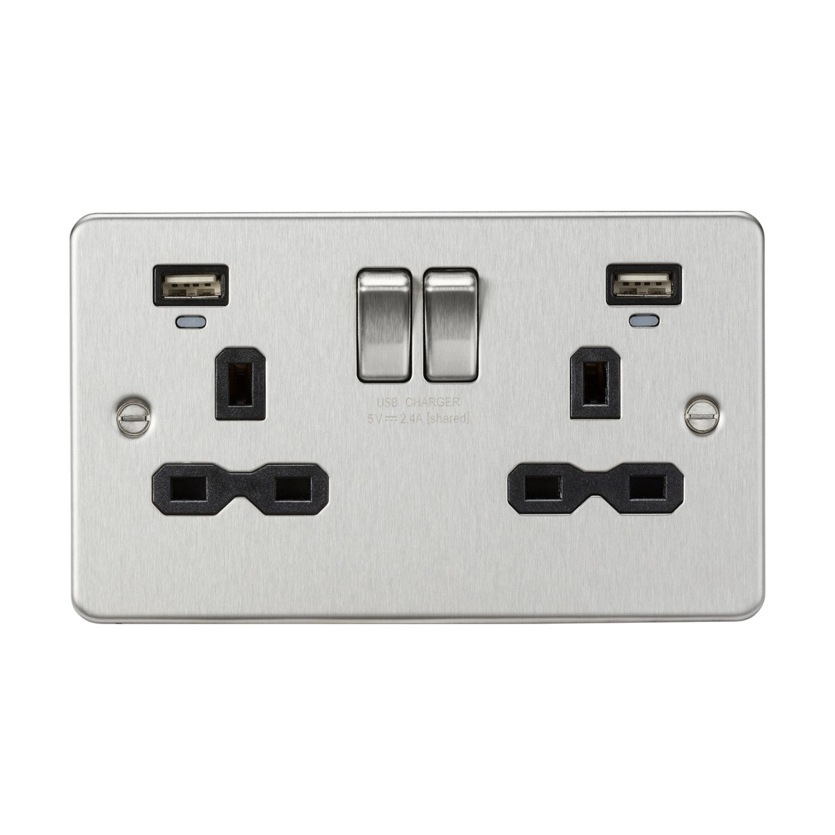 13A 2G Switched Socket, Dual USB (2.4A) with LED Charge Indicators - Brushed Chrome w/Black Insert