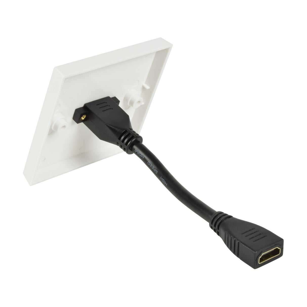 Rear view of AVSL AV:Link HDMI wallplate showing white single-gang faceplate with black female HDMI tail extending from the module on a white background.