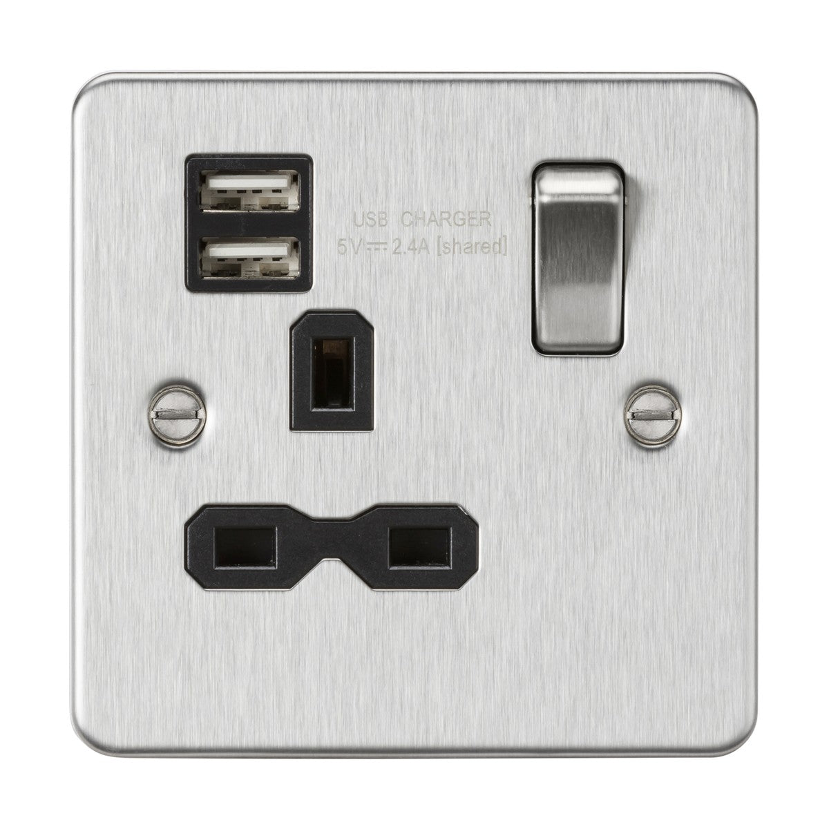 13A 1G SP Switched Socket with Dual USB A+A (5V DC 2.4A shared) - Brushed Chrome with Black Insert