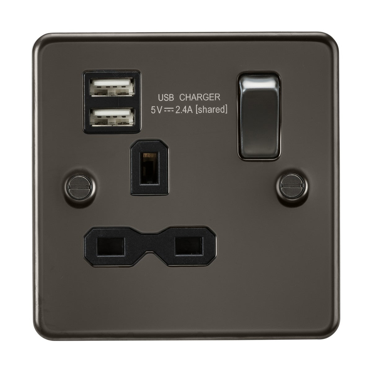 13A 1G SP Switched Socket with Dual USB A+A (5V DC 2.4A shared) - Gunmetal with Black Insert