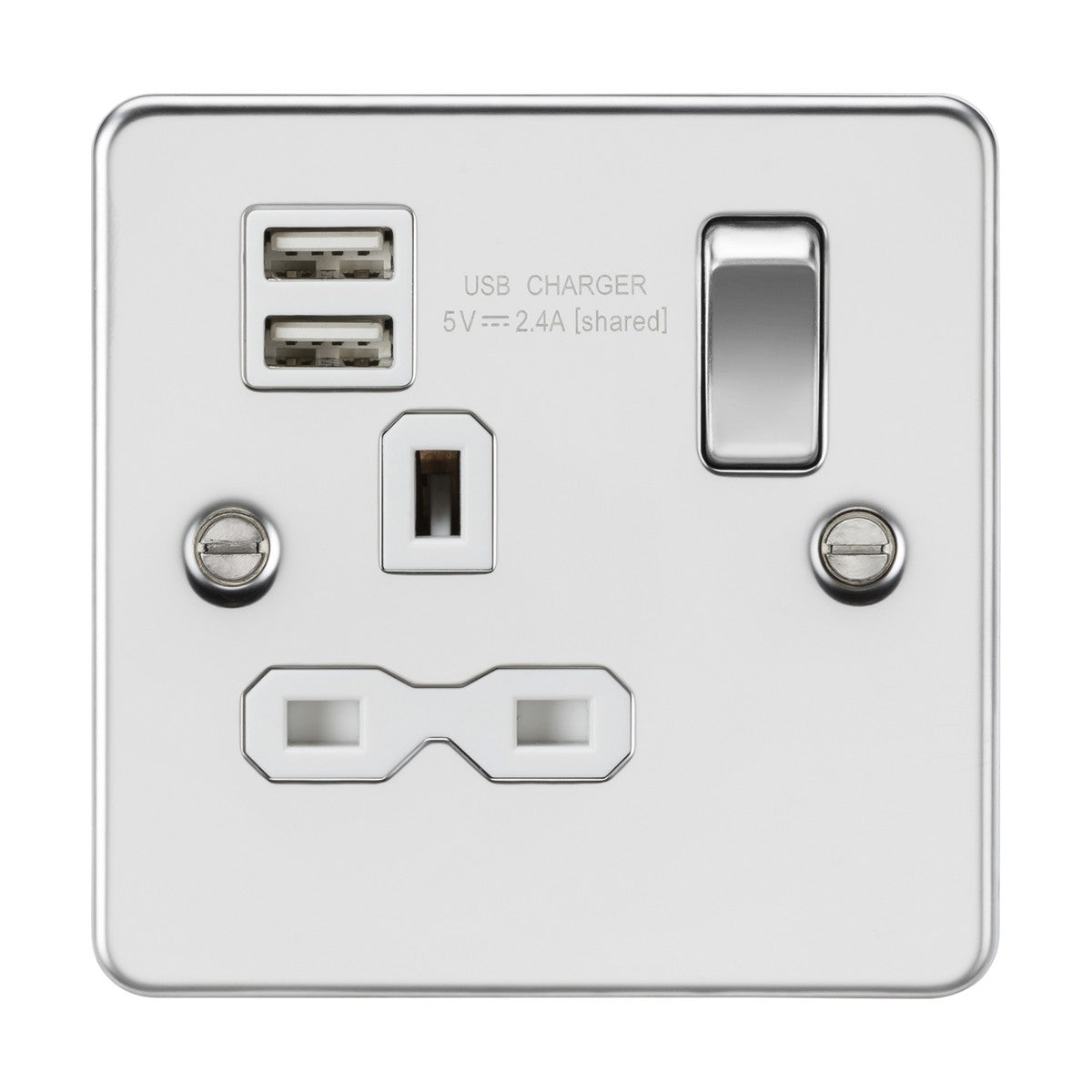A polished chrome 13A 1 gang single pole switched socket features a flat plate with a white insert, including two USB charging ports with a shared output of 5V 2.4A, and a standard three-pin plug socket.