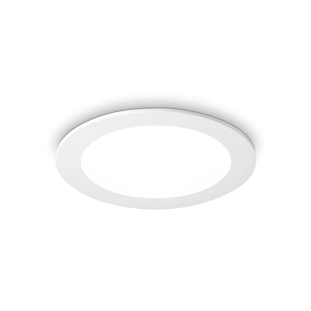 Introducing the Focus Round Recessed Downlight, a sleek and contemporary 20W ceiling light featuring a minimalist design. It mounts flush against your white ceiling, emitting a cozy 3000K white glow with its integrated LED downlight feature.