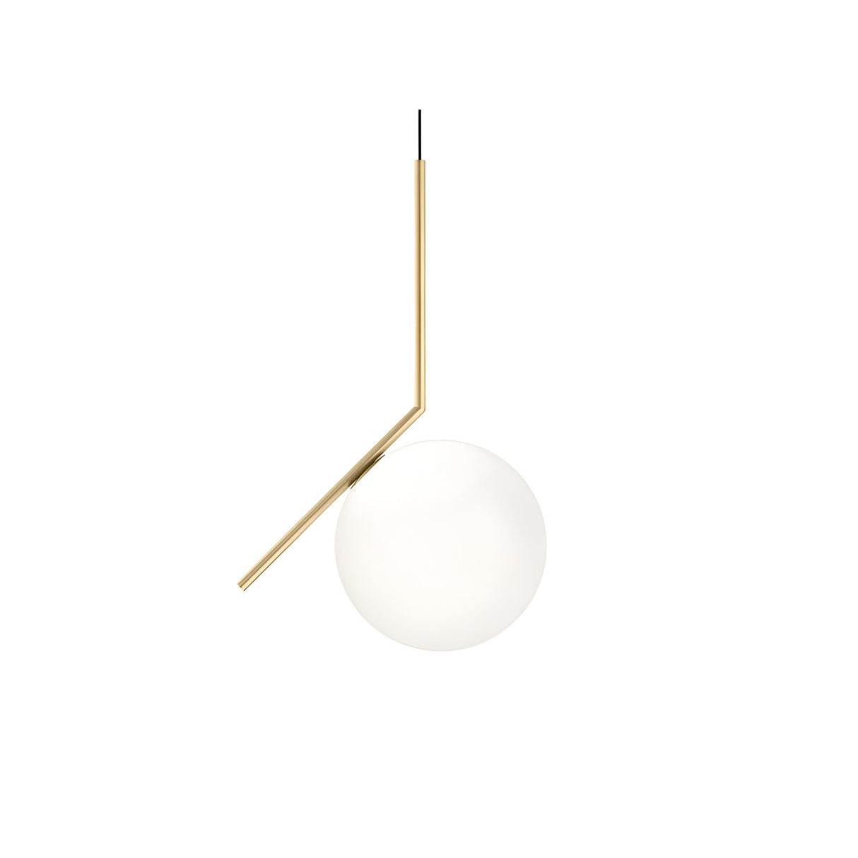 The Vetra Opal Glass Small Pendant Light - Gold features a round white glass shade and an angled gold rod, hanging from a thin black wire—ideal for adding minimalist, modern style to any space.