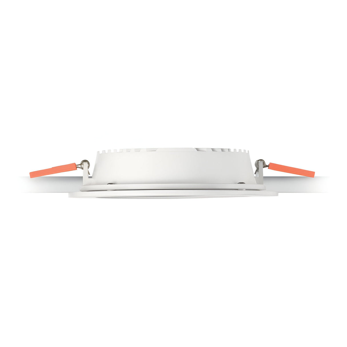 Close-up side view of a square, white LED downlight fixture with two orange clips for easy installation, showcasing energy-efficient lighting. The recessed lighting is set against a plain white background and is identified as the Focus Square Recessed Downlight - 20W, 3000K.