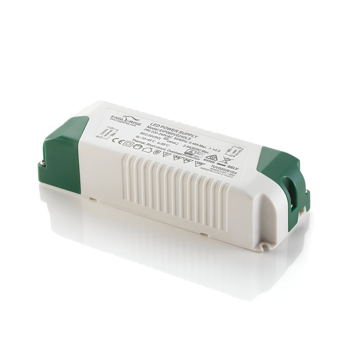 The Ecliptus Constant Voltage LED Driver - 60W, 24V is a rectangular LED power supply featuring a white body with green end caps and technical specifications along with certification symbols printed on the top. This energy-efficient solution is designed specifically for indoor 24V lighting systems.