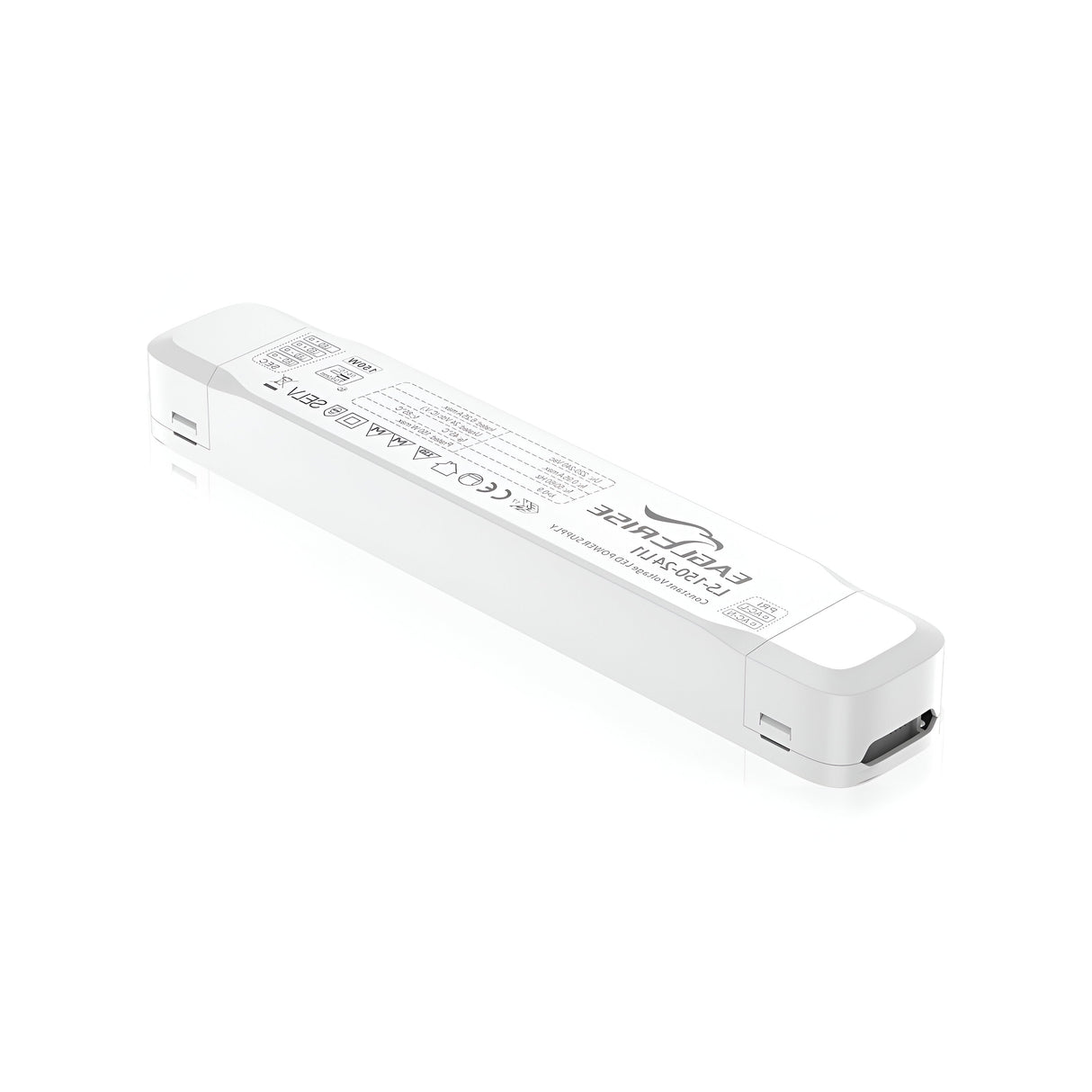 A white Ecliptus Constant Voltage Dimmable LED Driver featuring a rectangular design with branding and technical specifications. It has rounded edges and a small port on one end, indicative of its purpose as a 150W, 24V energy-saving converter unit.