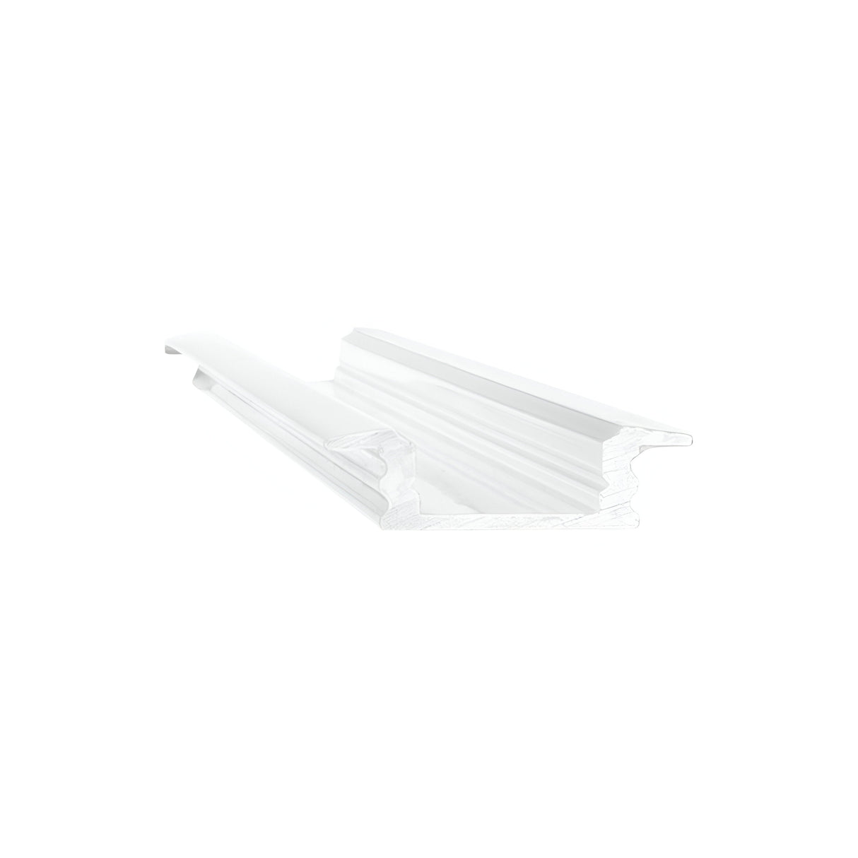 The Arcus Recessed Profile Cover 1m in White is positioned against a plain white background. This grooved architectural molding piece features a decorative edge and seamlessly incorporates an aluminum recessed profile cover, enhancing its layered design with shadows and highlights along its surface.