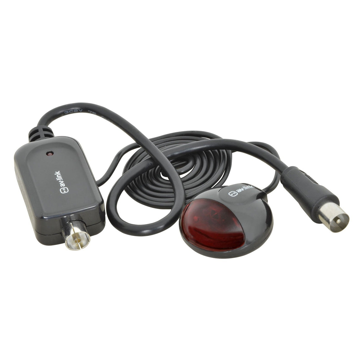 The AV:Link Magic Eye Remote Control Extender is a black electronic device with a long cable and features a small round sensor in a red-tinted case, along with a connector plug on the other end. It's likely used for controlling TV channels or enhancing signal reception for your digital satellite box.
