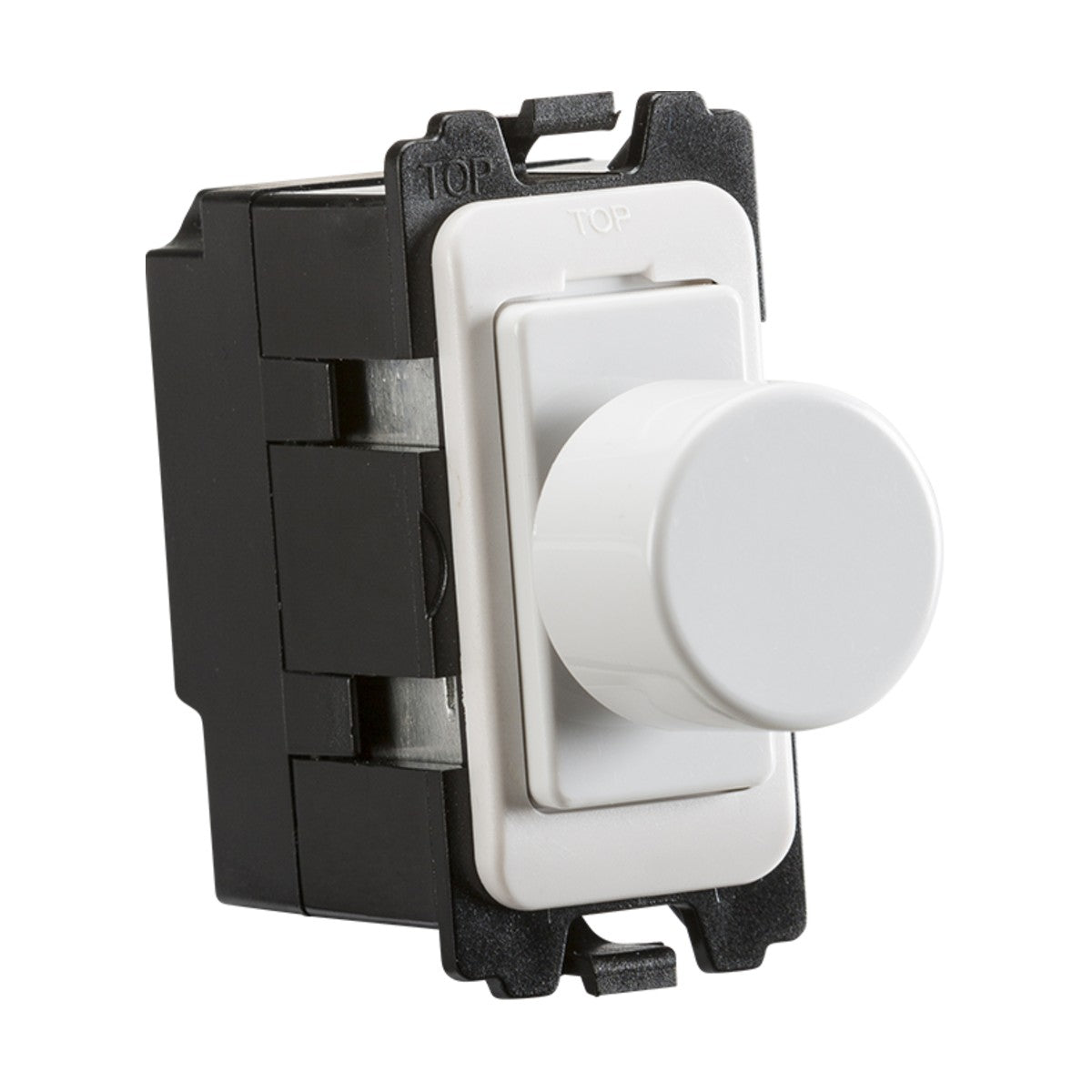 A detailed image highlights the 6A 2-Way Dummy Dimmer Switch Module, showcasing its white plastic design with a round knob featuring a push on/off function. It's mounted on a black bracket for wall installation, with the word TOP indicating the correct orientation, seamlessly blending style and technology.