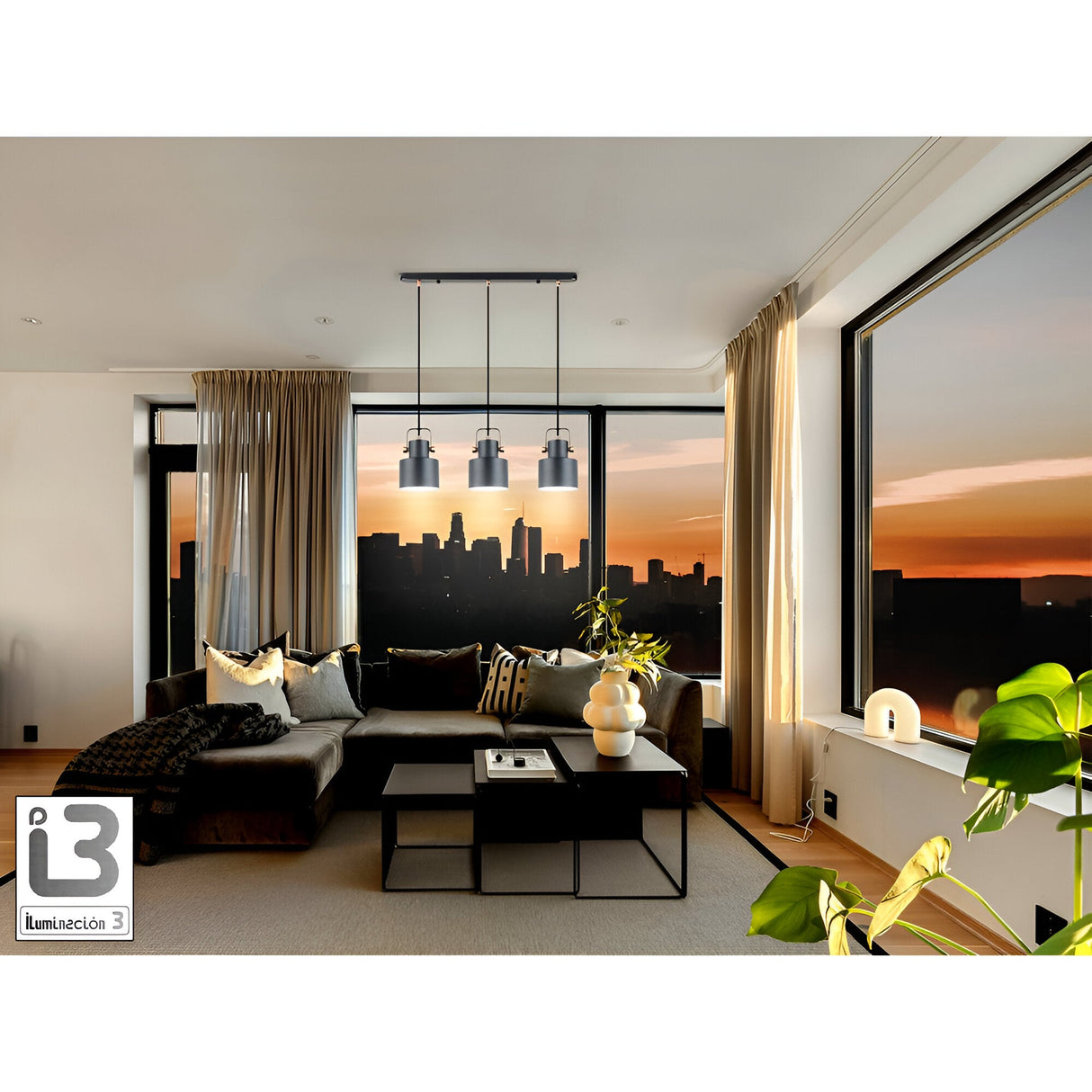 I3-Erika 3 Light Bar Pendant - Matte Black/Satin Copper