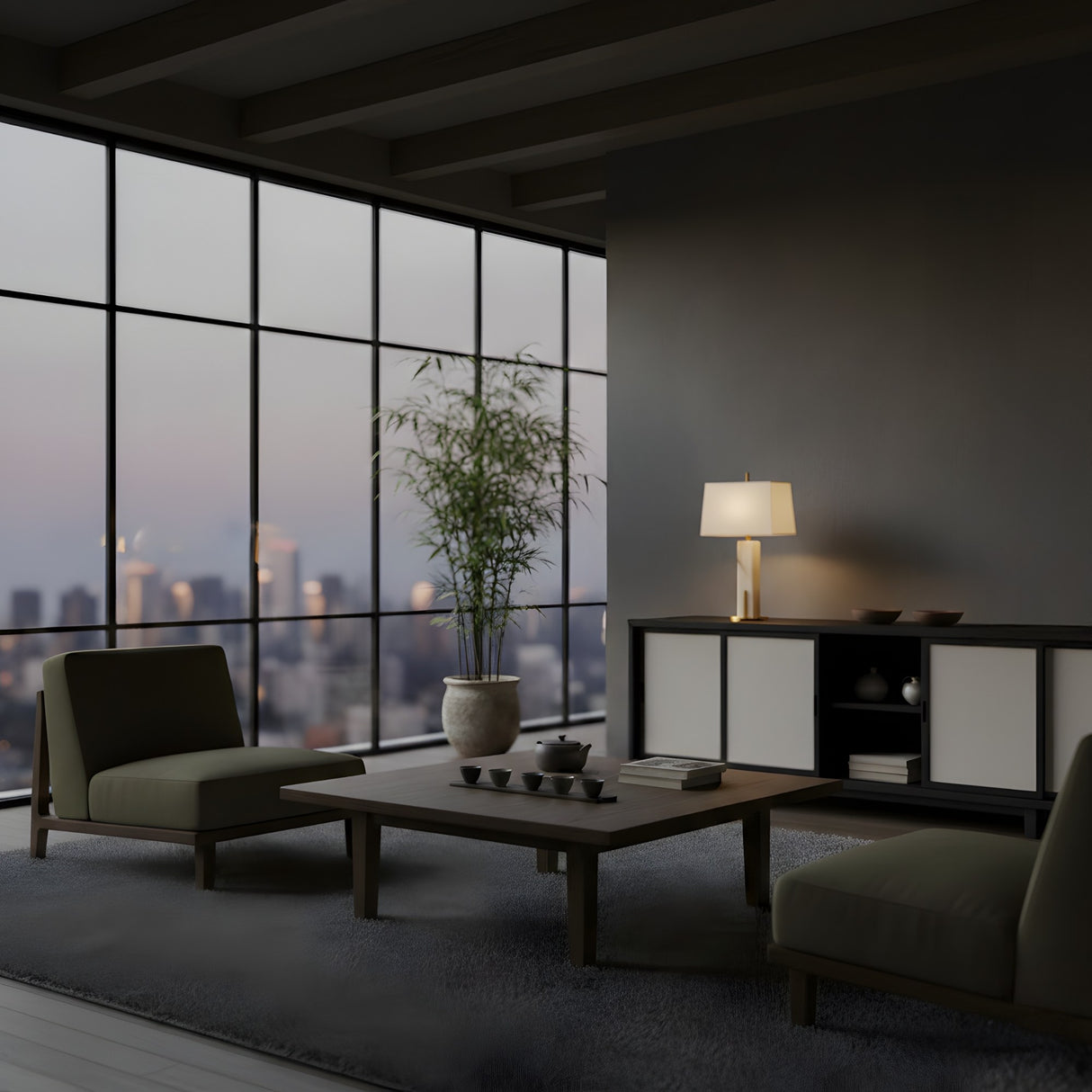 Modern living room with floor-to-ceiling windows, minimalist furniture, a low wooden table with tea set, potted plant, and the Strataform 1 Light Framed Alabaster Table Lamp – Brass & Soft White adding elegant modern lighting on the sideboard.
