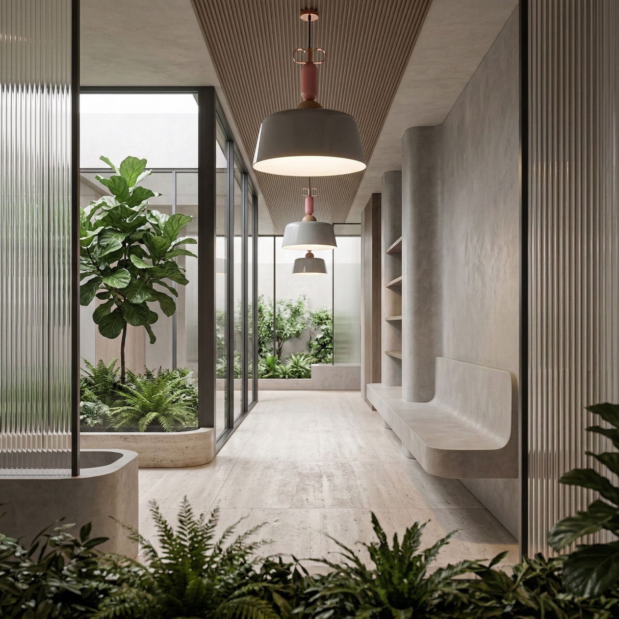 A modern hallway with large glass windows, minimalistic gray walls, built-in bench seating, lush green plants, and natural light. The Bon Light Pendant Light in White adds a contemporary touch to this serene and well-lit space.