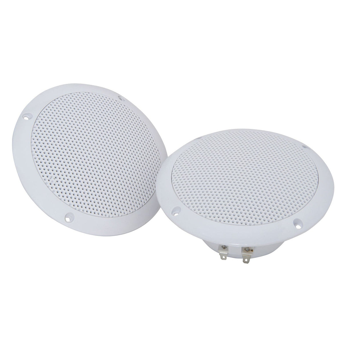 A pair of Adastra OD5-W4 5" 80W water-resistant speakers with round, white perforated grilles is displayed. These 8-ohm speakers, with mounting holes and an IP35-rated design ideal for panel mounting, are positioned next to each other against a plain background.