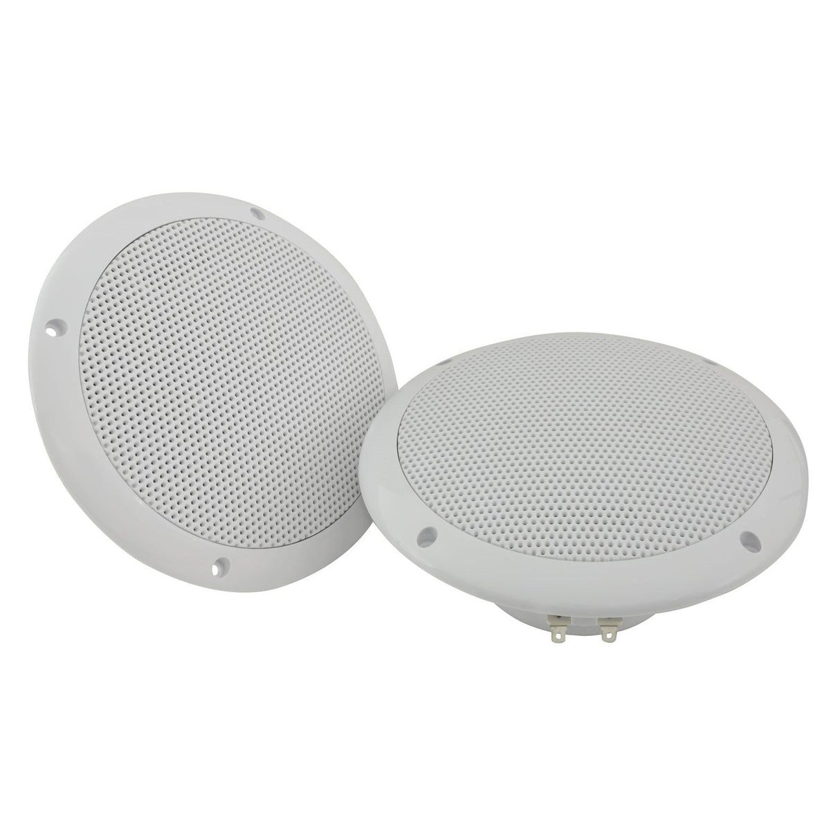 The Adastra 0D6-W8 6.5" 100W Water Resistant Speakers are a pair of round, white marine audio devices, each equipped with perforated grills. Designed for use in boats or outdoor settings, these two-way speakers boast a sleek design and include panel mounting holes for straightforward installation. Their water-resistant construction ensures dependable performance in diverse conditions.