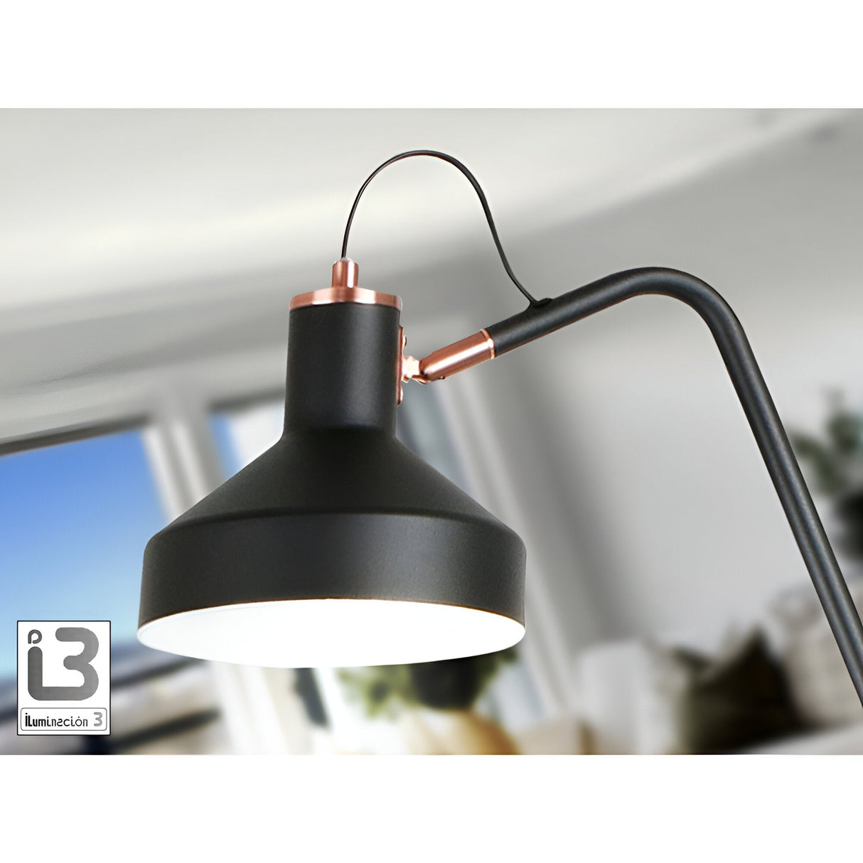 The Irias Floor Lamp in matte black with copper accents, featuring a wide conical shade, stands illuminated in a bright, blurred living room. The Iluminación 3 logo is visible in the lower left corner.
