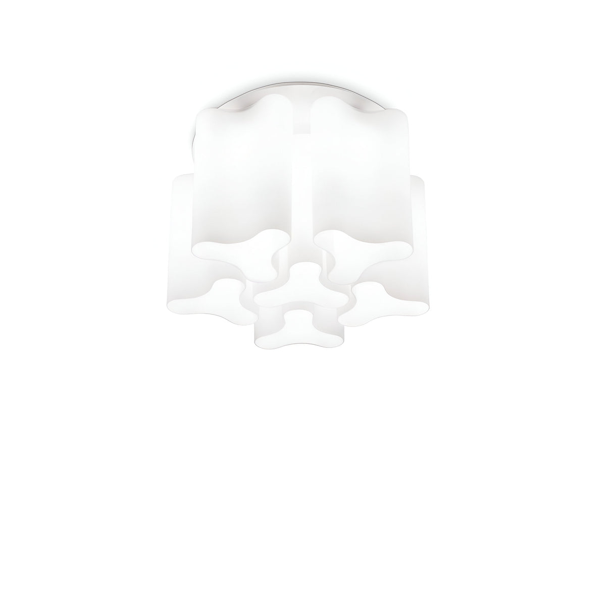 The Haze 6 Light Glass Flush - White is a contemporary ceiling light fixture showcasing a geometric design with wavy edges that mimic interconnected star-like shapes. It includes a glass diffuser, enhancing its soft and elegant appearance against a simple white background.