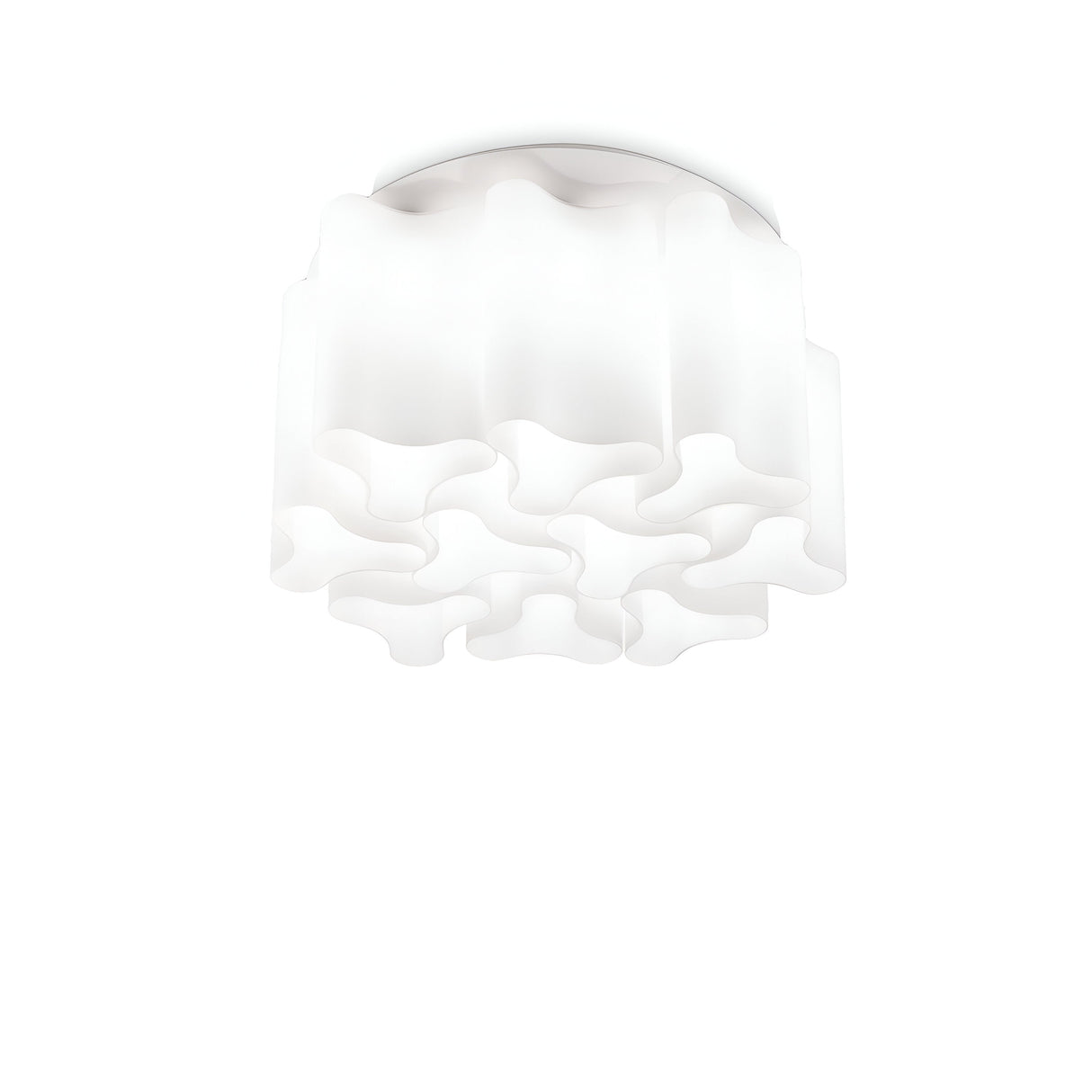 The Haze 10 Light Glass Flush - White is a contemporary ceiling fixture with an elegant, cloud-like design. It is crafted from white blown glass in a circular shape, featuring a sleek and artistic appearance that casts a soft glow.