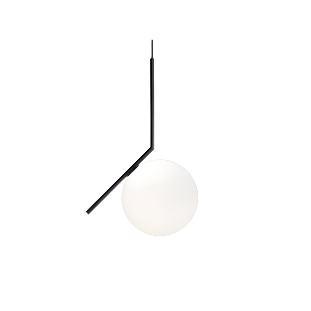 The Vetra Opal Glass Small Pendant Light - Black features a minimalist black rod and a white frosted globe shade, making it perfect for modern spaces and stylish pendant lighting.