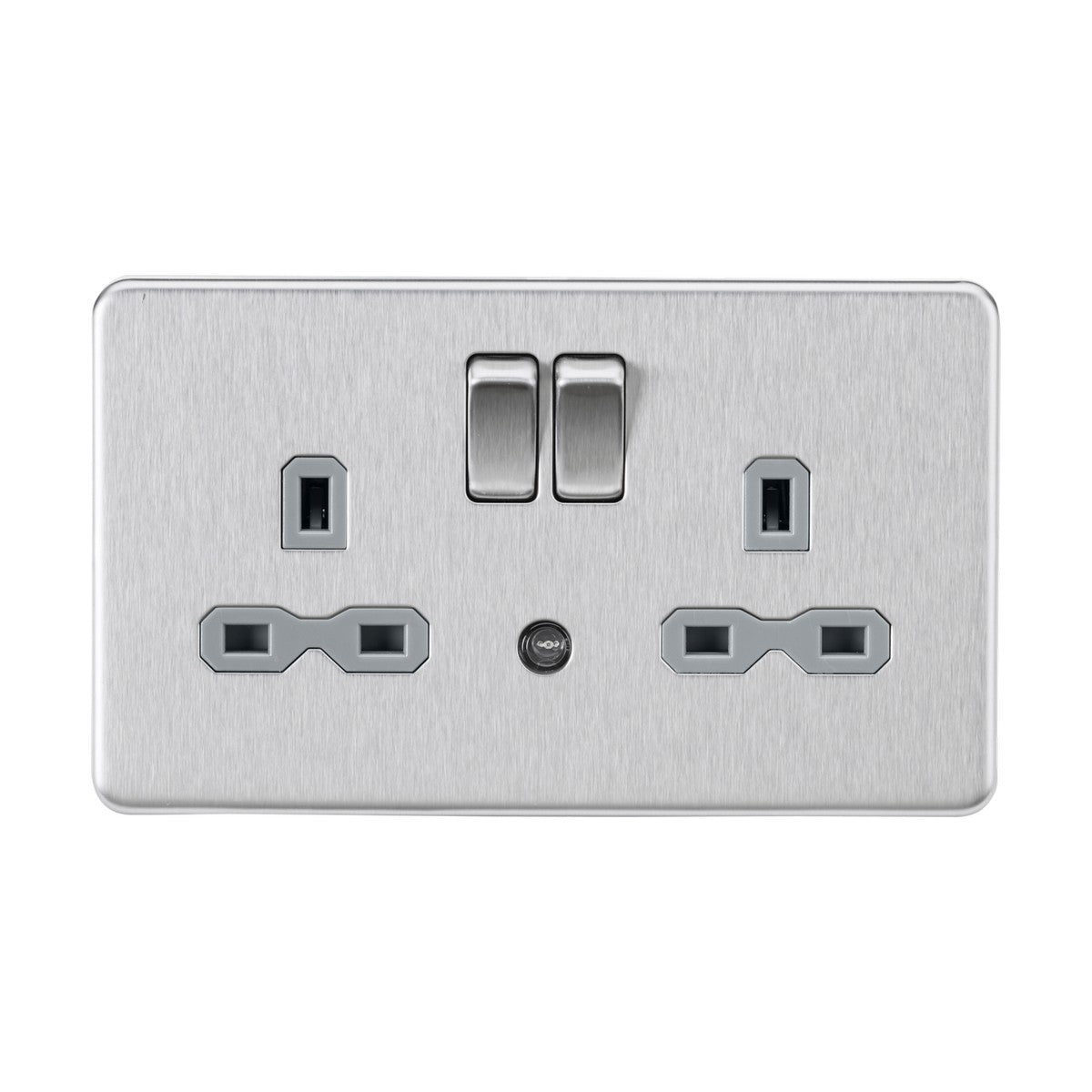 The 13A 2 Gang DP Switched Socket with Nightlight in brushed chrome features a screwless design with two switches, a small circular indicator light, and an automatic nightlight for added elegance and convenience.