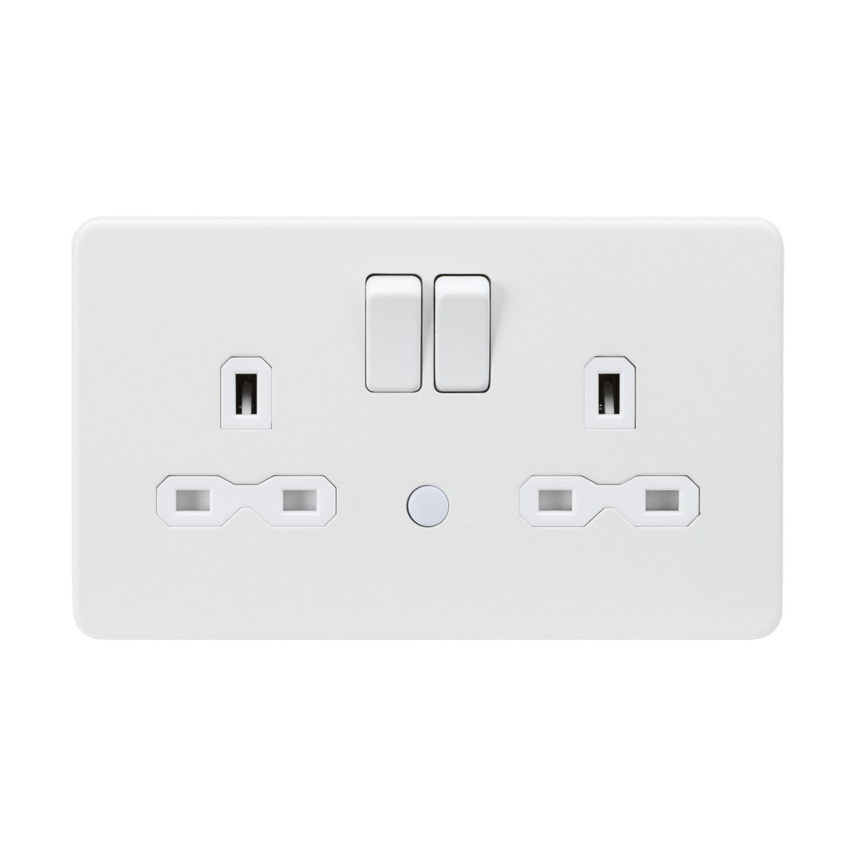 The 13A 2 Gang DP Switched Socket with Nightlight in Matt White features a screwless design tailored for UK plugs, with two switches and an integrated nightlight for modern convenience against a plain white background.
