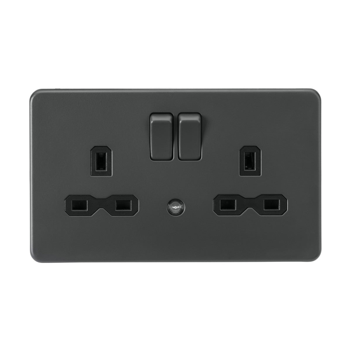The 13A 2 Gang DP Switched Socket with Nightlight in Anthracite has a screwless, low-profile design featuring two UK plug inputs with double pole switches above each, and a subtle nightlight glows between the inputs, enhancing its minimalist and modern look.