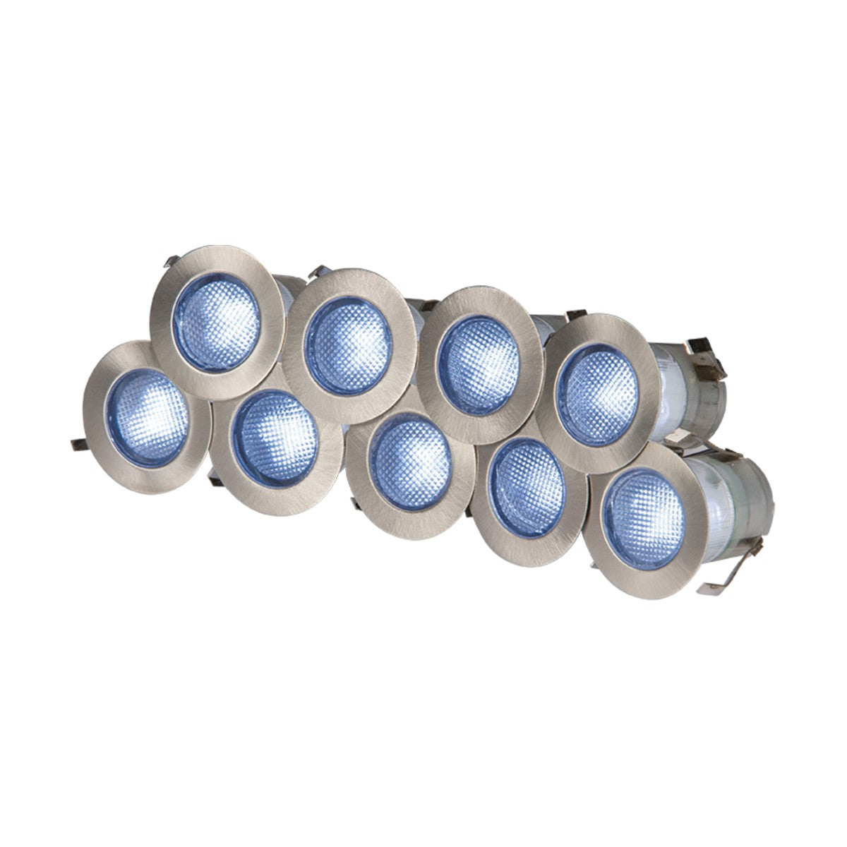A set of ten Outdoor 0.2W Blue LED Deck Lights, featuring a stainless steel bezel, emits a soft blue glow. These lights are arranged in a staggered pattern to create an elegant ambiance against the white background.