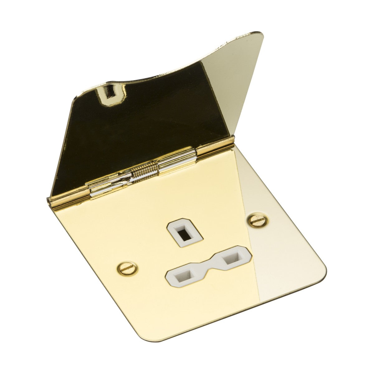 Introducing the 13A 1 Gang Unswitched Floor Socket in polished brass with a white insert, ideal for interior design aficionados. This sophisticated outlet includes two rectangular slots and a round grounding hole. The semi-open cover reveals its lustrous metallic finish, enhancing the elegance of any room.