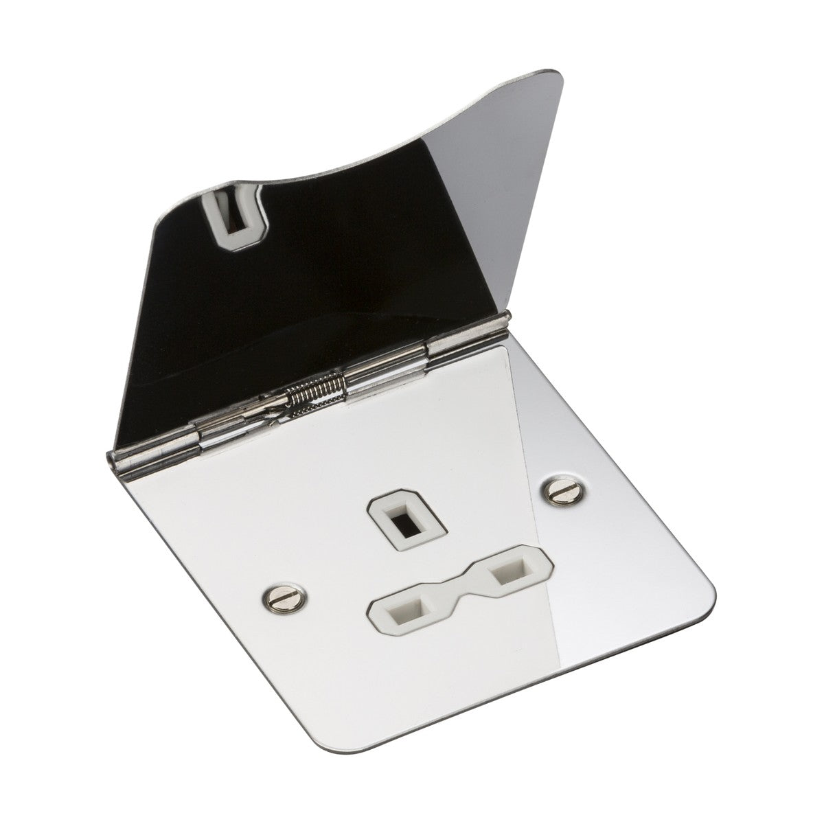 The 13A 1 Gang Unswitched Floor Socket in polished chrome with a white insert features a flip-up lid, two screw holes for mounting, and a cutout designed to fit a standard floor socket. Its reflective surface seamlessly combines functionality with sleek design while effortlessly meeting British safety standards.