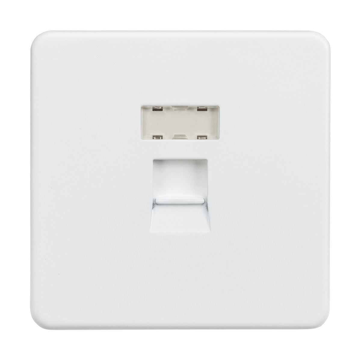 The RJ45 Network Outlet - Matt White is a square, wall-mounted telephone socket with a CAT5e RJ45 port at the bottom center for connecting a landline phone. It features a minimalistic, screwless design.