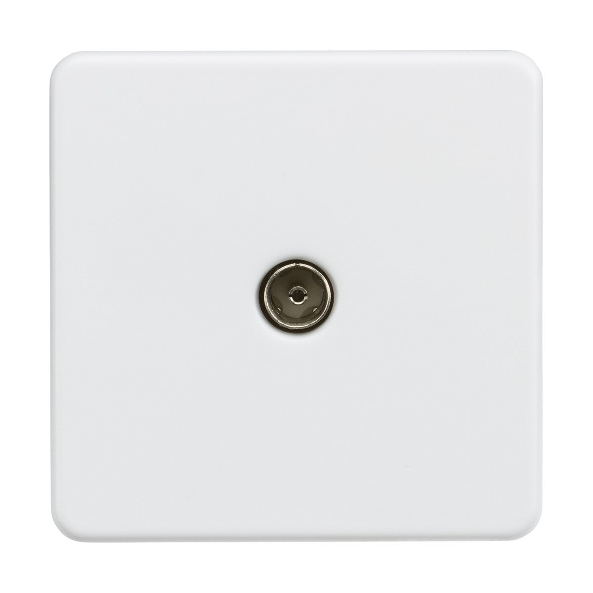 A modern, white square wall plate called the TV Outlet (Non-Isolated) - Matt White features a central coaxial connection and boasts a contemporary screwless design for easy installation.