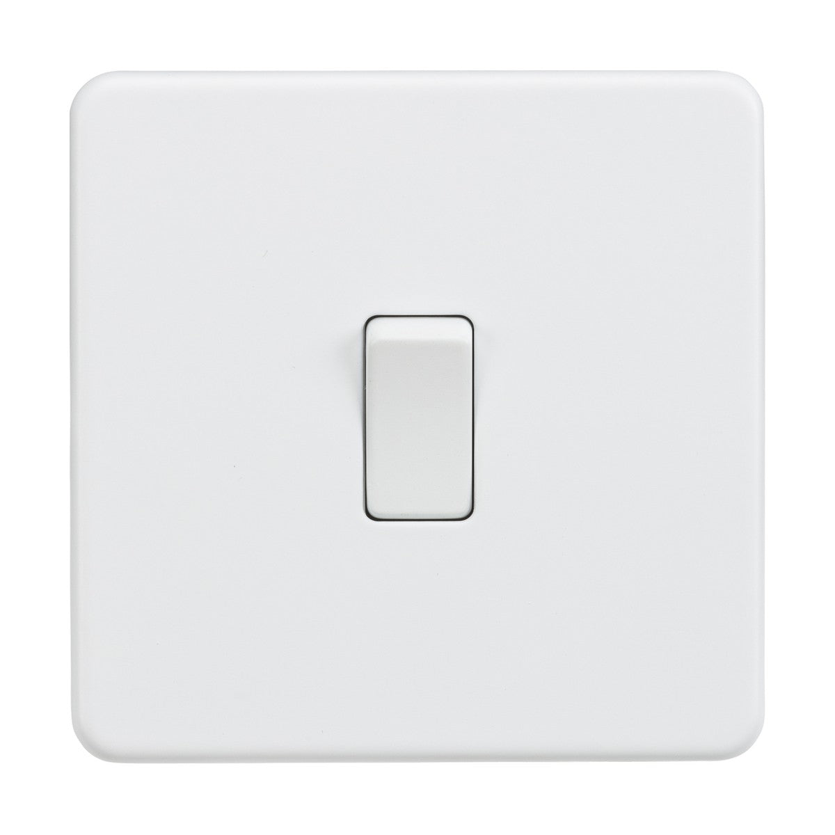 A 10AX 1 Gang Intermediate Switch, in off position, centered on a matt white square wall plate with slightly rounded edges.