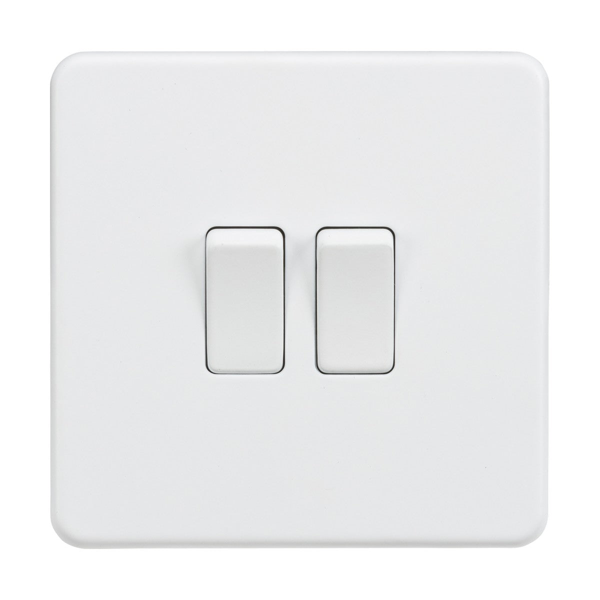 A close-up of the 10AX 2 Gang 2-Way Switch in matt white showcases a sleek, minimalist, screwless design on a white background. Both switches are off, enhancing the rooms contemporary aesthetic with their smooth surface.