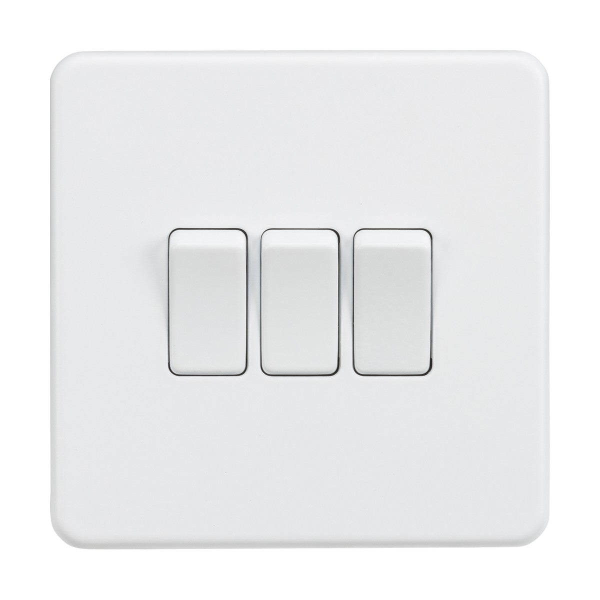 The 10AX 3 Gang 2-Way Switch in matt white, featuring a screwless design with three rectangular rocker switches, provides a simple and modern aesthetic for any room.