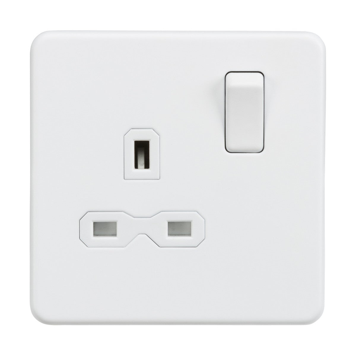 The 13A 1 Gang DP Switched Socket - Matt White with a white insert features a screwless design and a three-pin socket typical for British outlets, offering a sleek finish.