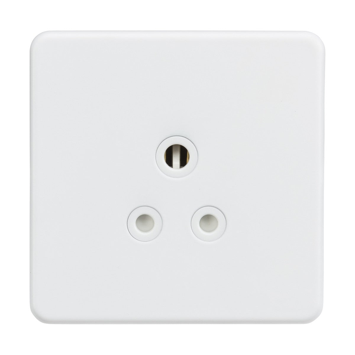 Introducing the 5A Unswitched Round Socket in Matt White, a sleek and minimalist wall outlet with a screwless, low-profile design. This stylish socket features three round holes arranged in a triangular pattern on a square faceplate, effortlessly combining functionality with elegance for custom lighting solutions.