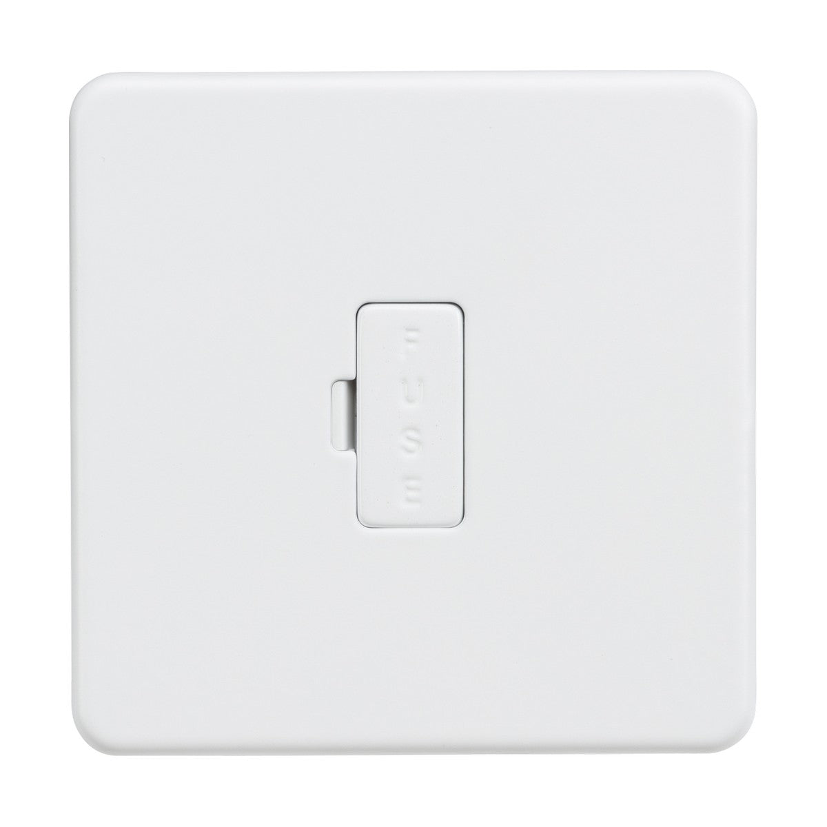The 13A Fused Spur Unit in matt white features a rectangular button with FUSE in raised letters, a screwless low-profile design, rounded corners, and an elegant finish for a sleek touch.