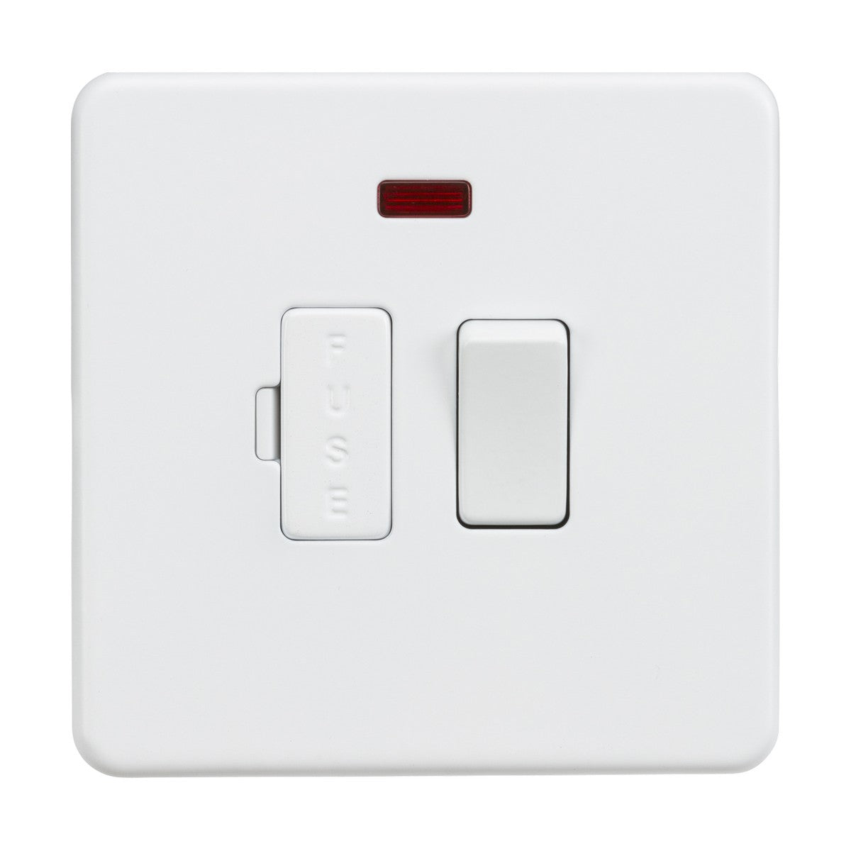 The Matt White 13A Switched Fused Spur Unit (Screwless) features a neon indicator light and a fused switch on a sleek, screwless square plate.