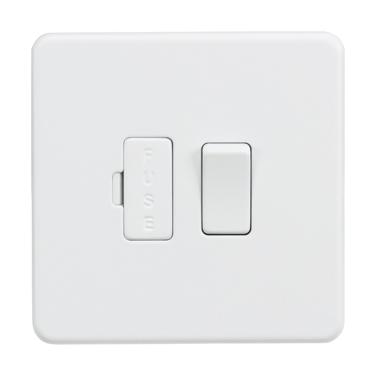 Close-up of a 13A Switched Fused Spur Unit in matt white, featuring a fuse holder on the left and switch toggle on the right. Crafted from premium-grade steel, its sleek, screwless low-profile finish is set against a plain white background.